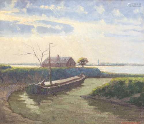 Frans Van der Linden (1903-?) Landscape of a barge on the Escaut Oil on canvas. Signed at lower