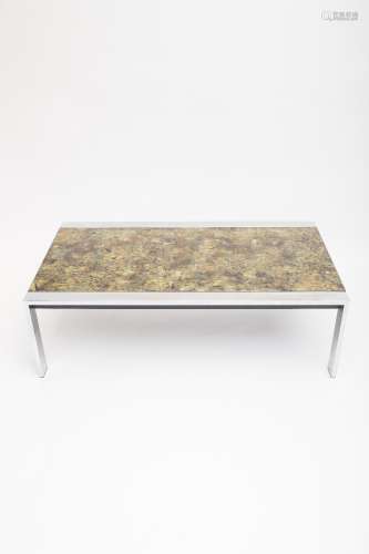 1970's Belgian work Low table Rectangular, with chrome steel base and gold-leaf verre eglomise table