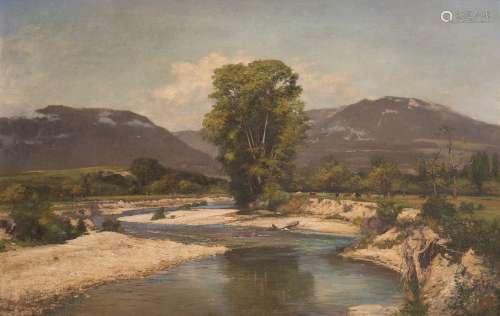 Auguste Henri Berthoud (1829-1887) (Swiss School) River and mountain landscape Oil on canvas. Signed