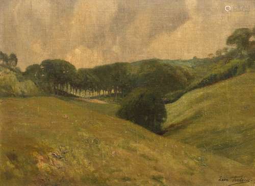 Léon Frédéric (1856-1940) Hilly landscape Oil on marouflage canvas on panel. Signed at lower
