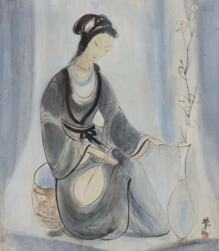 Lady with a bouquet Ink and watercolour painting on canvas. Signed at lower right. Bearing an