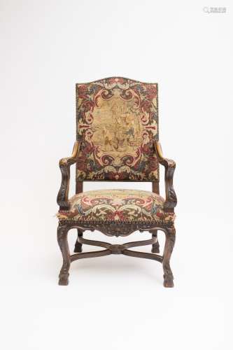 Lieges armchair Carved natural wood upholstered in wool tapestry featuring a lively scene. - 125 x