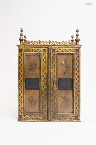 Russian work Cabinet section Painted wood featuring two people smoking and geometric friezes on a