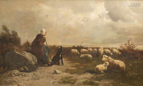 Henry Schouten (1857/64-1927) Shepherdess with her dog Oil on marouflage canvas. Signed at lower