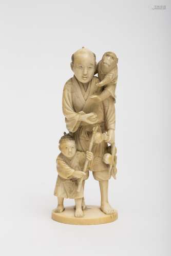 Okimono Ivory, depicting Karako, his tutor and a monkey. Seal engraved under the base. Japan, Meiji