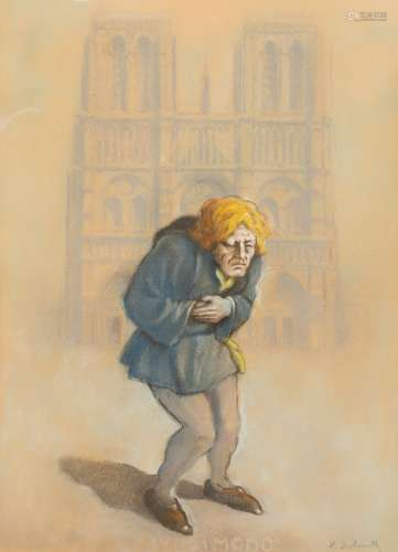 V. Delmotte Quasimodo in front of Notre-Dame de Paris. Pastel. Signed and titled in the composition.