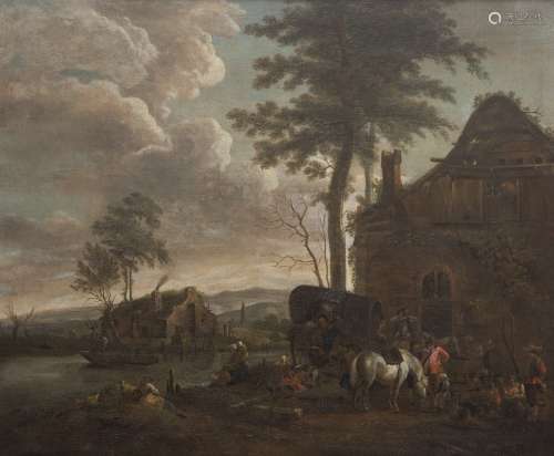 Entourage of Isaac van Ostade (1621-1649) Landscape with travellers resting in front of an inn Oil