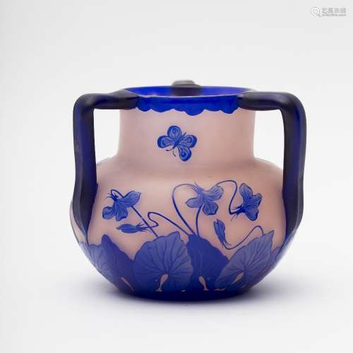 Loetz Three-handled vase Double-layered glass with blue flowers and peacocks engraved in reserve