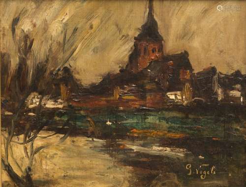 Early 20th century Belgian School Landscape with a church Oil on unalite panel bearing the signature