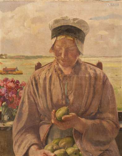Léon Frédéric (1856-1940) Woman with pears Oil on canvas. This blonde woman gazing at pears