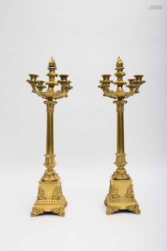 Late 19th century work Pair of candelabras Bronze with golden patina, with four arms. Founder's mark