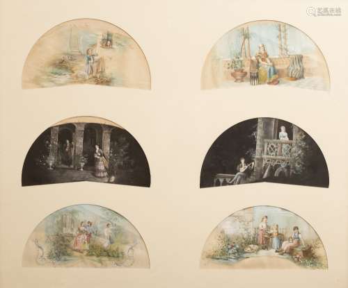 Monogrammer MaD and anonymous 6 paintings on silk or fans. Six paintings on silk, presented in fan-