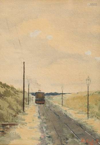 F. Cudell Landscape of a train leaving a village Watercolour on paper. Signed, dated 1890 at lower