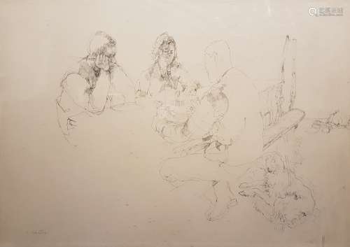 Xavier Commere (1958) Meal in the garden Ink drawing. Signed at the bottom. - 74 x 105 cm- -