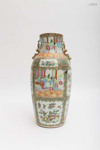 Bamboo vase Famille Rose enamel porcelain, said to be from Guangzhou, adorned with court scenes.