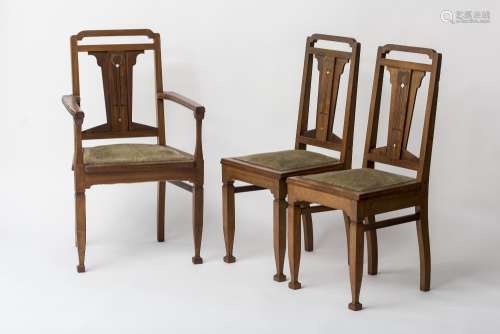 Belgian Art Nouveau work Dining room set Padauk wood inlaid with mother-of-pearl, brass, and