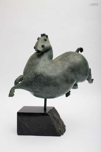Hélène Labrie (Born in 1956) Equus Bronze sculpture with antique green patina. Marble base.