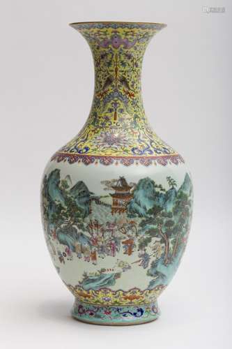 Large vase marked Jiaqjing Porcelain with Famille Rose enamel, on a yellow ground for the neck,