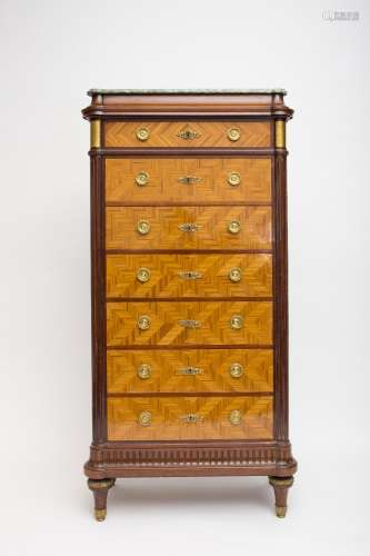 Louis XVI-style lingerie chest Oak, with rosewood veneer, mahogany posts, gilded bronze trim, and