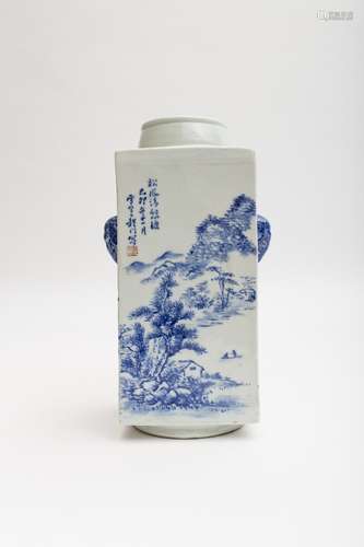 Large Cong vase White and blue porcelain, depicting a mountainous landscape. Calligraphed poetical