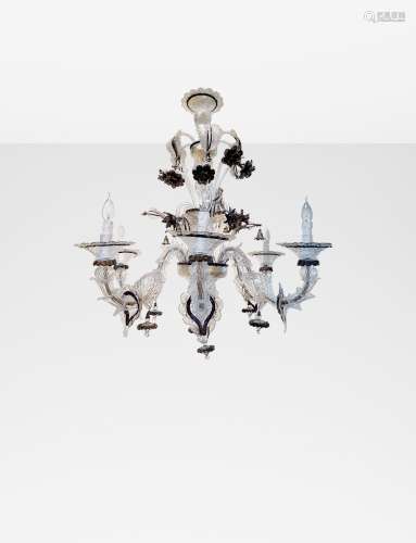 Murano Six-arm chandelier Clear and black crystal adorned with gold flecks, stylized floral décor,