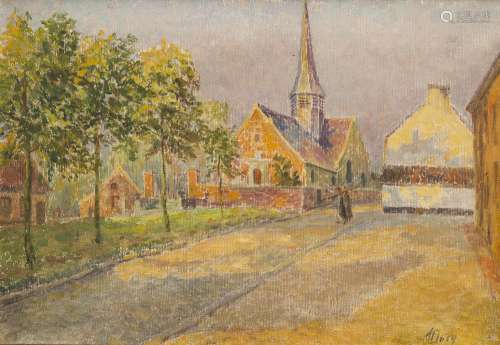 Anna Boch (1848-1936) View of a village Oil on canvas. Work painted en plein air directly on the