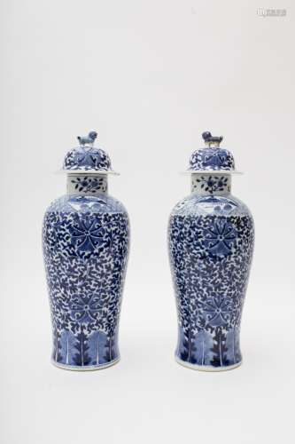 Pair of Xuantong-era blue and white glazed baluster vases Porcelain featuring chrysanthemums,