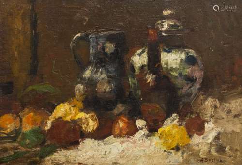 Alfred T. Bastien (1873-1955) Still life and landscape Double oil painting on mahogany panel.
