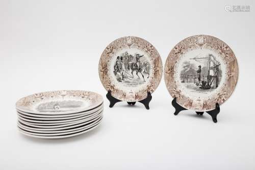 Boch Luxembourg Napoleon service, between 1840 and 1846 Set of 12 plates with brown and grisaille