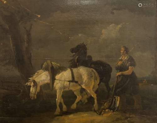 George Morland (1763-1804) (French School) The labourer and his horses Oil on panel. Monogrammed