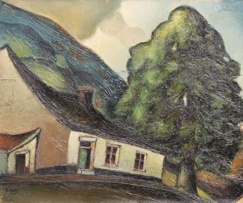 Jean Rets (1910-1998, Belgium) House in the mountains Oil on panel. Cubist and expressionist