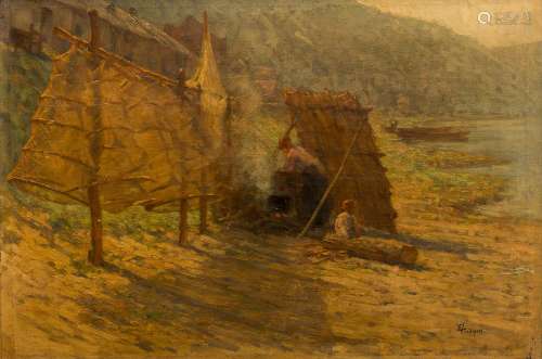 Eugène Verdyen (1836-1903) Fisherman's wife doing laundry Oil on canvas. Signed at lower right. -