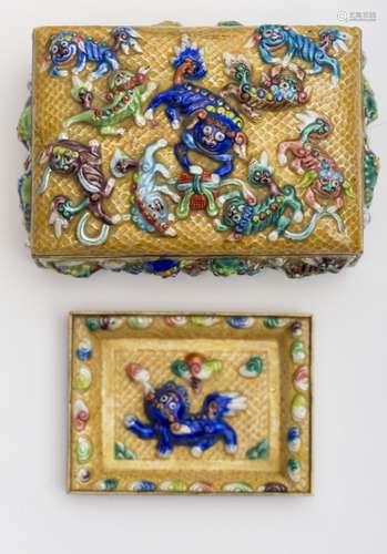 Small embossed box decorated with enamel Featuring a Chinese Imperial Guardian Lion. Included is a