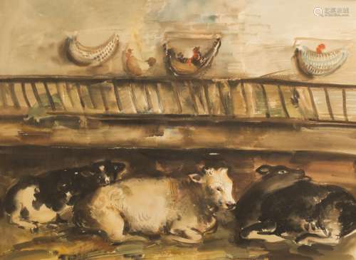 Jean Timmermans (1899-1986) Cows in the stable Watercolour on paper. Signed at lower centre. - 51