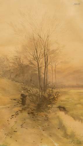 Ferdinand Coenraets (1860-1939) Passer-by at river's edge Watercolour on paper. Signed. - 51 x 29.
