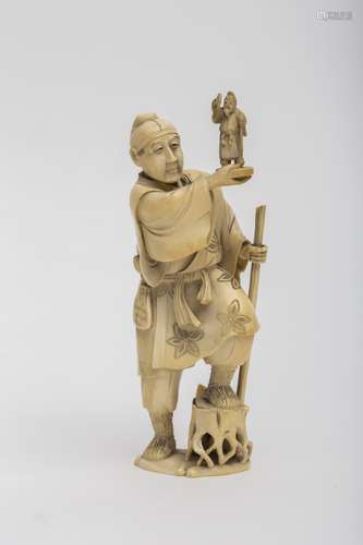 Okimono Ivory, depicting a woodcutter wearing his ancestor's okimono. Japan, Meiji period. Lacquer