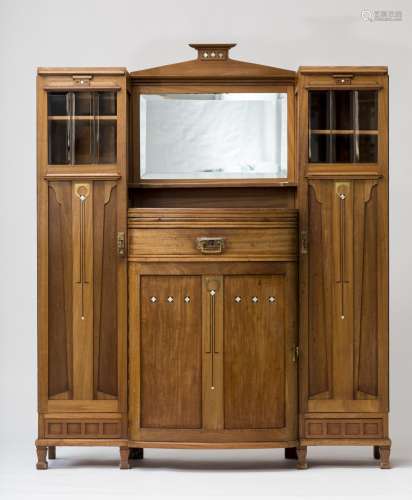 Belgian Art Nouveau work Storage unit Padauk wood inlaid with mother-of-pearl, brass and