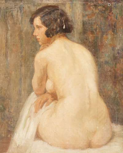 Jef Van de Fackere (1879-1946) Nude from behind Oil on marouflage canvas. Signed at upper left.
