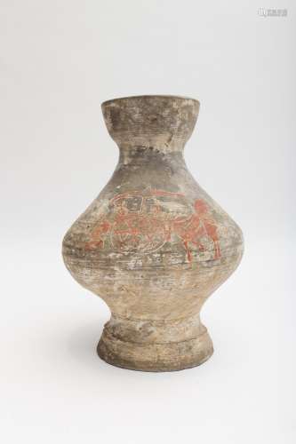 Han-style terracotta vase Decorated with chariots and archaic calligraphy. China. - H: 38.5 cm- -
