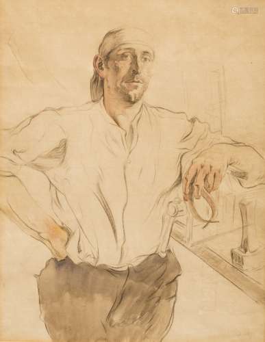 Maurice Langaskens (1884-1946) Portrait of a man with a compass Ink wash and watercolour drawing.