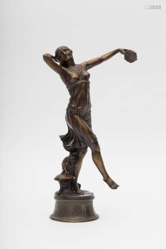 Joe Descomps (1869 - 1950) Dancer playing the tambourine Bronze sculpture with golden-brown