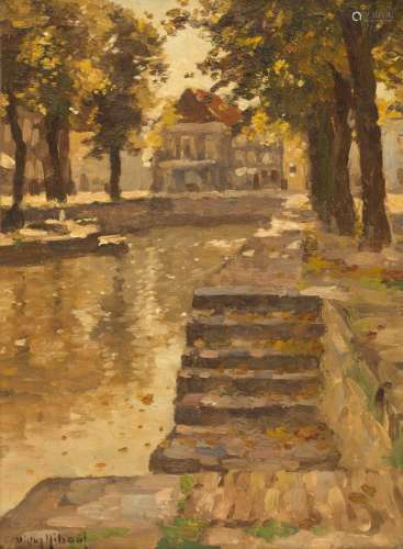 Victor Gilsoul (1867-1939) View of tree-lined docks at a canal's edge Oil on panel. Signed at