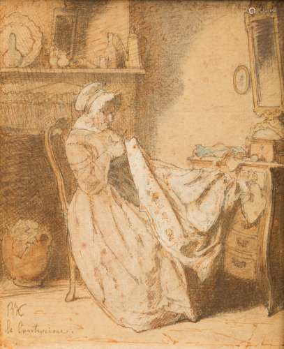 Alexander Hugo Bakker Korff (1824-1882, Netherlands) The seamstress Bistre ink and watercolour