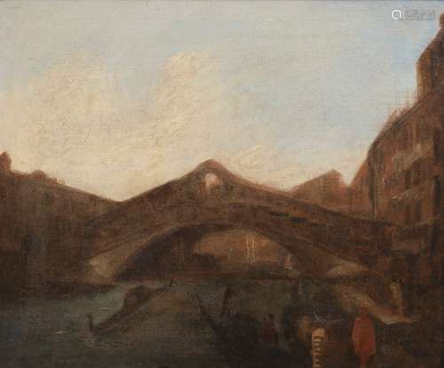 Venetian School Rialto Bridge in Venice Oil on canvas. Late 18th century-early 19th century.