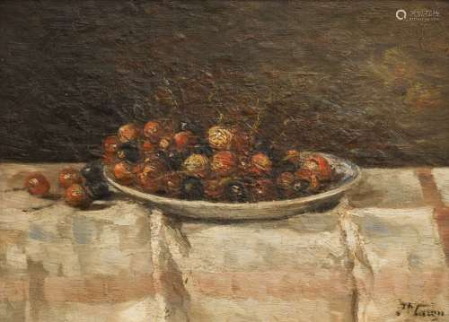 Joseph Caron (1866-1944) Composition of cherries Oil on canvas. Still life composed of a dish of