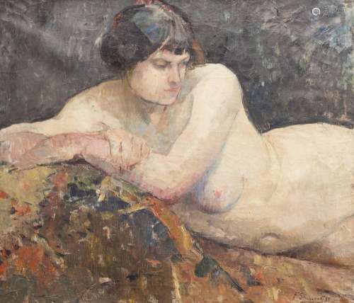 Fernand Stiévenart (19th-20th century) Nude woman reclining Oil on canvas signed and dated 'F.
