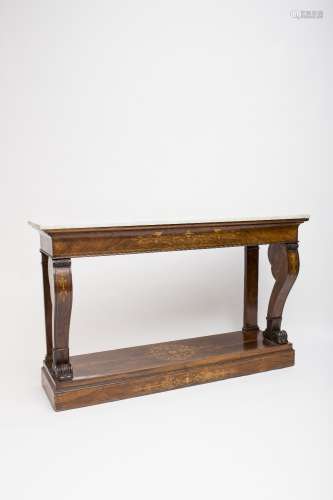 Charles X console Rosewood veneer and light wood marquetry, decorated with birds and stylized