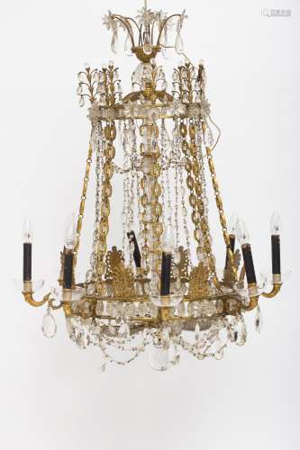 Chandelier Gilded bronze with tassels, eight arms decorated with masks and flowering