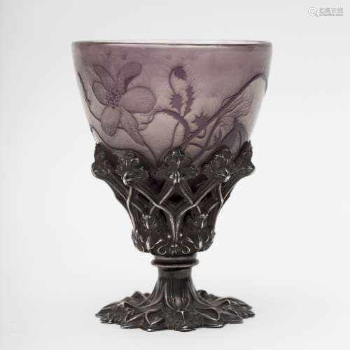 Emile Galle crystal manufacturing Clematises and poppies Multi-layered glass cup engraved in reserve