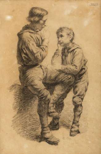 Jan David Col (Belgium, 1822-1900) The lesson Charcoal drawing. Signed. - 30 x 20 cm sight size- -